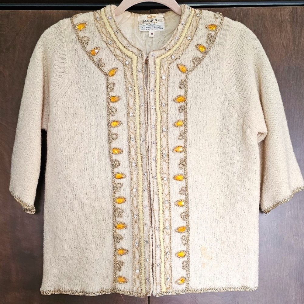 Vintage I. Magnin & co Beaded Ivory 3/4 slv Wool Cardigan szM Made in British HK